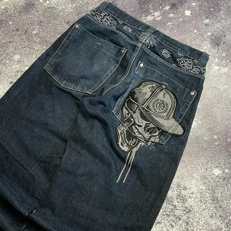 Amerikanische Jeans Männer Harajuku Vintage Hohe Taille Casual Jeans Unisex Y2k Hip Hop Breite Bein Hosen Gothic Zipper Schädel Gestickt