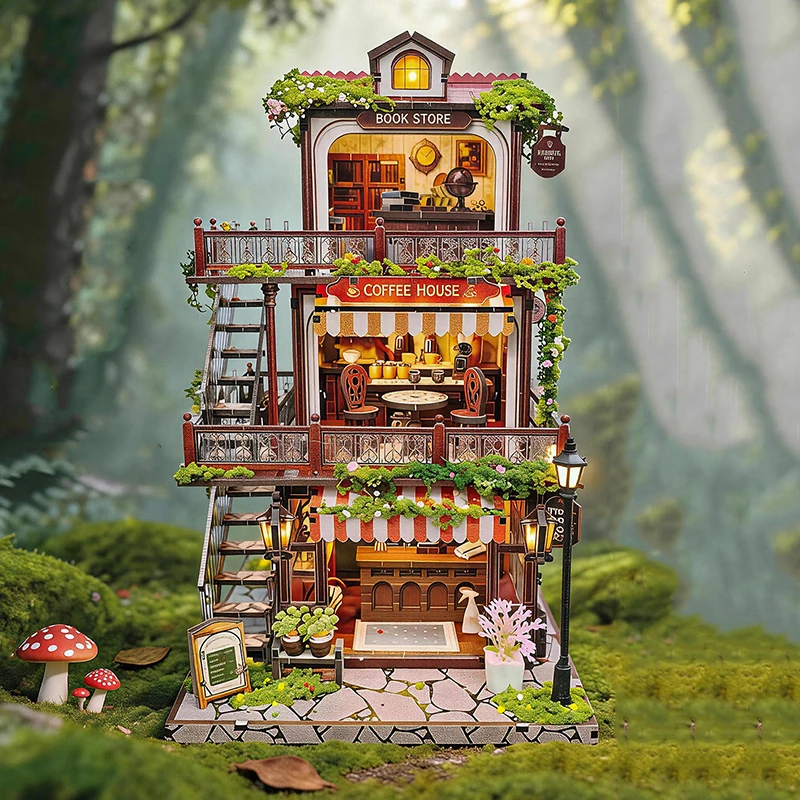 DIY Wooden Time-Layered Book Cafe Cottage Miniature Model Kits With Furniture Puzzles Casa Dollhouse for Friends Birthday Gifts