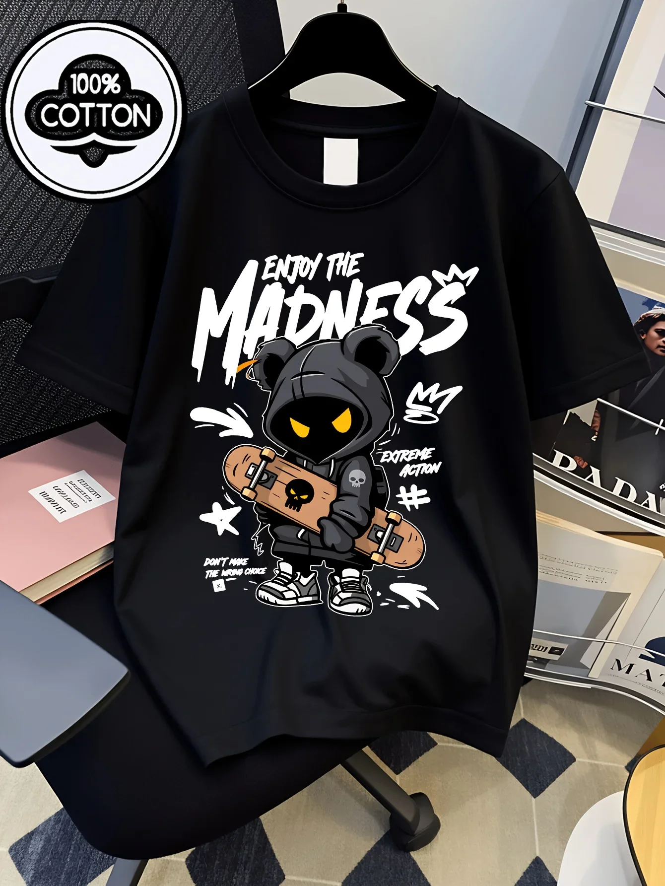 Boys Tee Street Style Hooded Bear Holding Enjoy The Madness Graffiti Print Short Soft Cotton Kids Cool Casual Daily Wear T Shirt