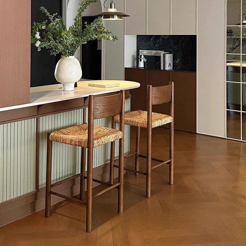 

Wooden Braided Rope Bar Chair Elegant Island Chairs Nordic Interior High Barstool Aesthetic Modern Luxury Restaurant Barstools