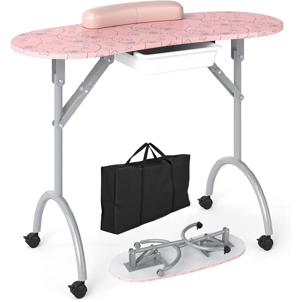 Portable Nail Table with Wrist Rest, Lockable Casters, and Carry Bag - Ideal for Manicure Stations and Home Studios in Pink