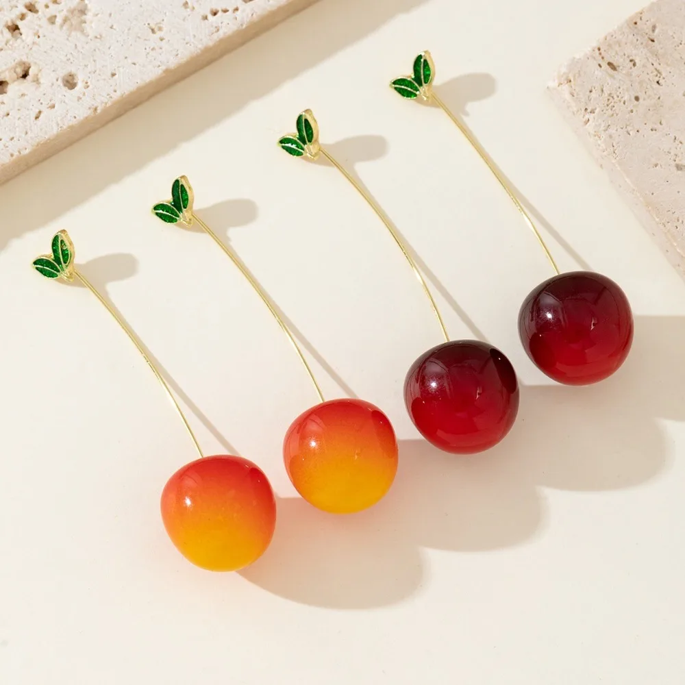 Trendy Cute Resin Red Orange Color Gradient Cherry Long Drop Earrings Sweet Fruit Green Leaf Dangle Earrings for Women Jewelry