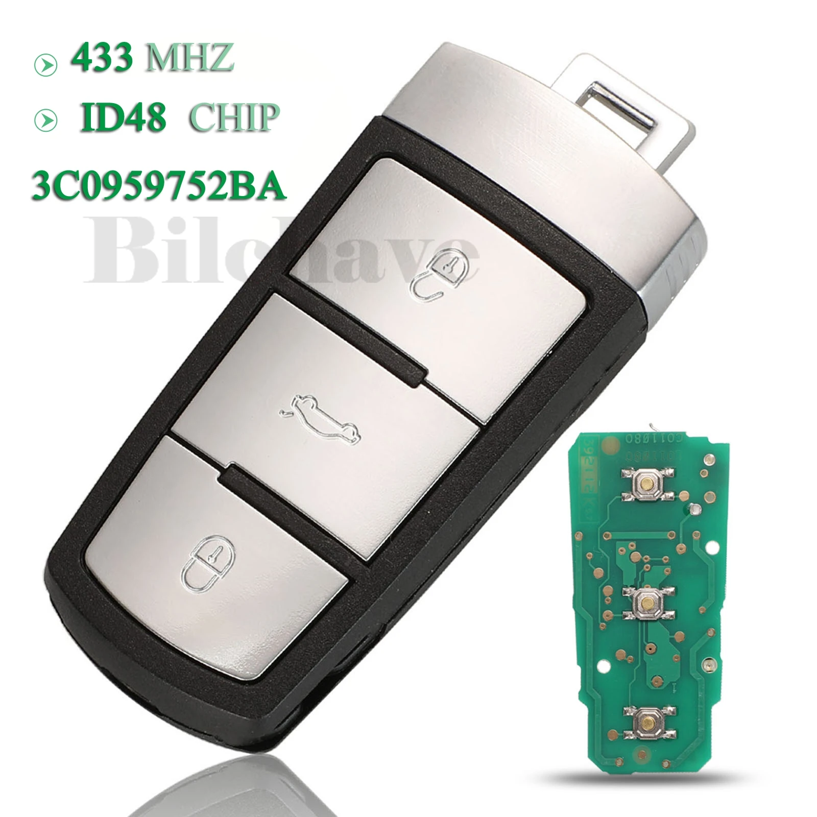 jingyuqin 3 Buttons Smart Remote Car Key 434Mhz ID48 Chip Fob For VW Passat B6 3C B7 Magotan CC Replacement FCCID: 3C0959752BA