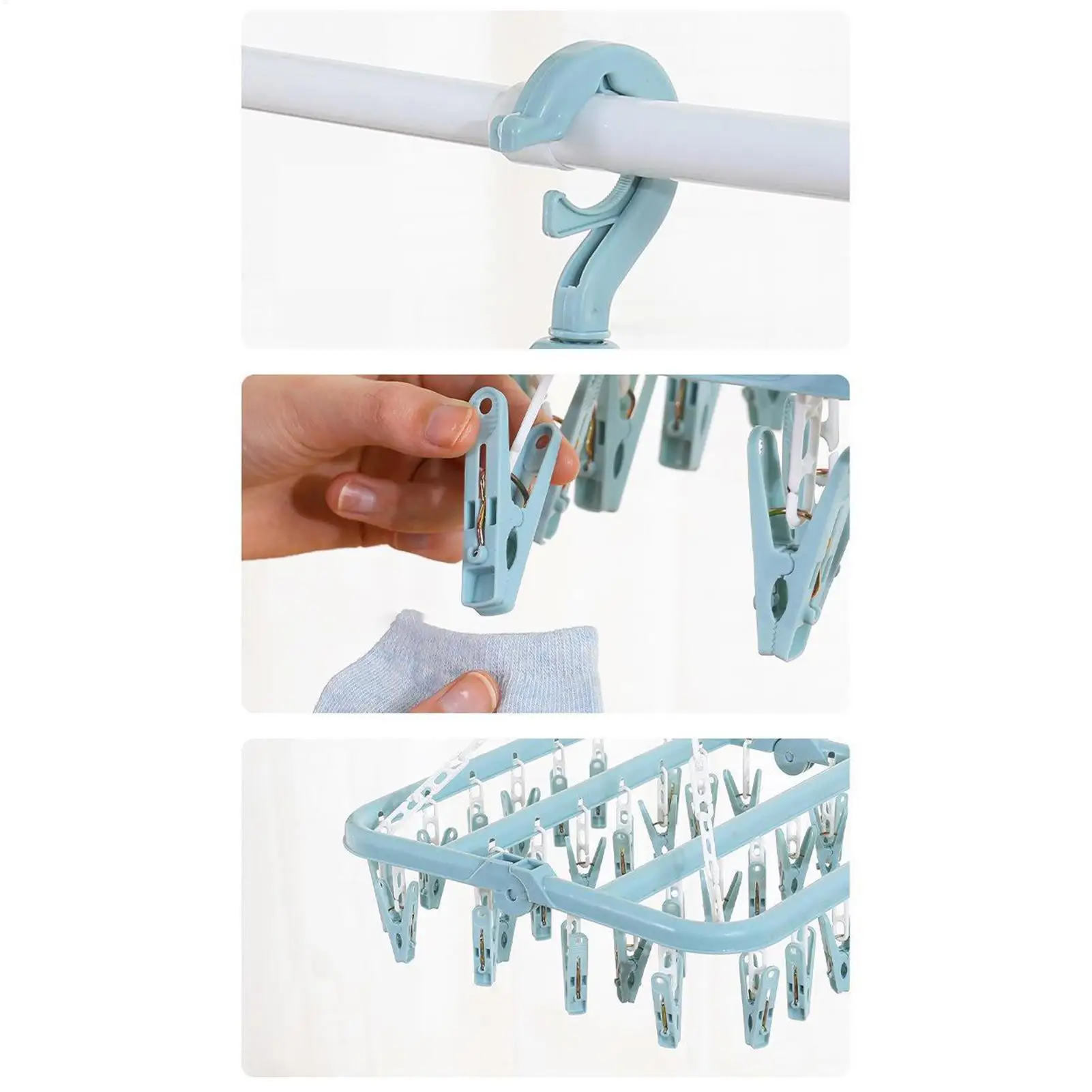 Folding Clothes Hanger with 32 Nails Swivel Wind-Proof Clothes  Rotating windproof clothes hanger for Sock glove hat