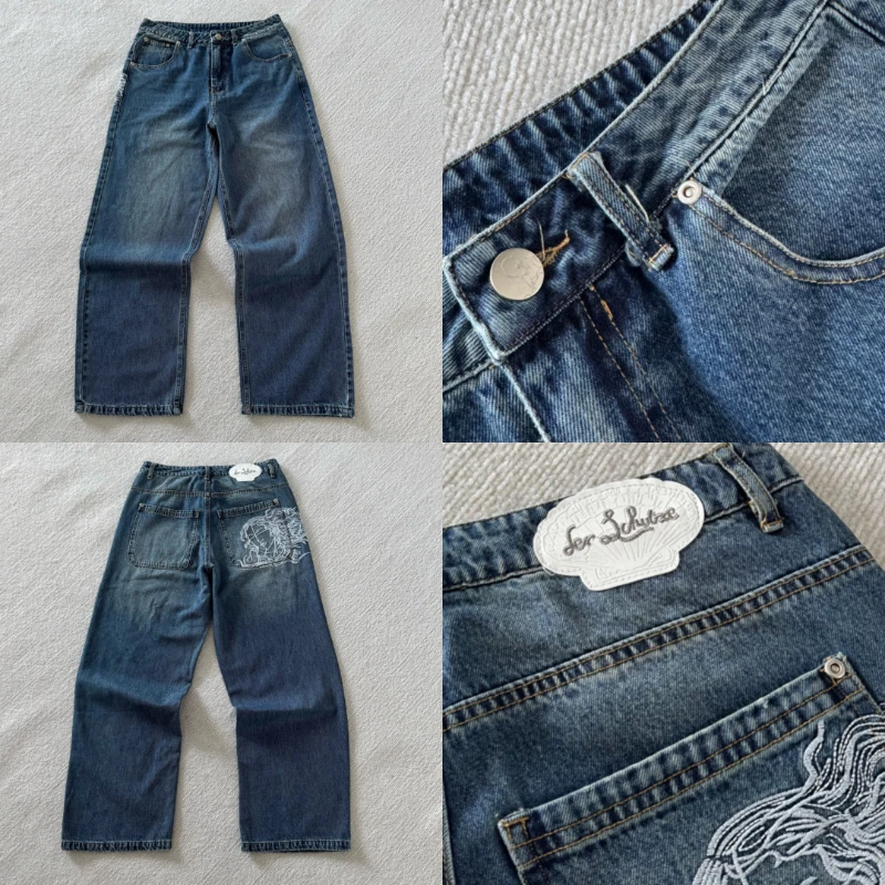 

2026 High Street Trendy Hip Hop Embroidered Derschutze Denim Pants Summer High-Quality American Style Pants