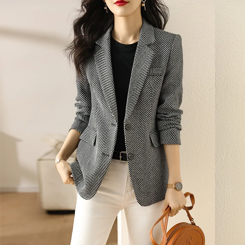 Autumn Women Coffee Gray Stripe Formal Blazer Office Ladies Female Slim 2024 Single Breasted Straight Business Jacket Coat