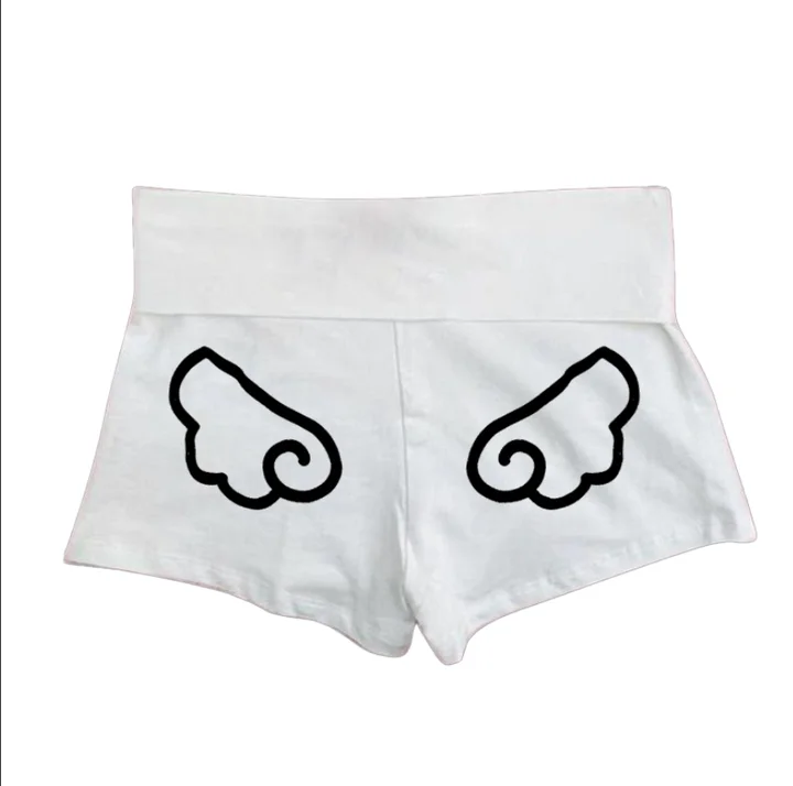 Women Y2K Angel Wing Print Booty Shorts Low Rise Fold Over Waist Tight Stretch Hot Pants Summer Casual Workout Short Bottoms
