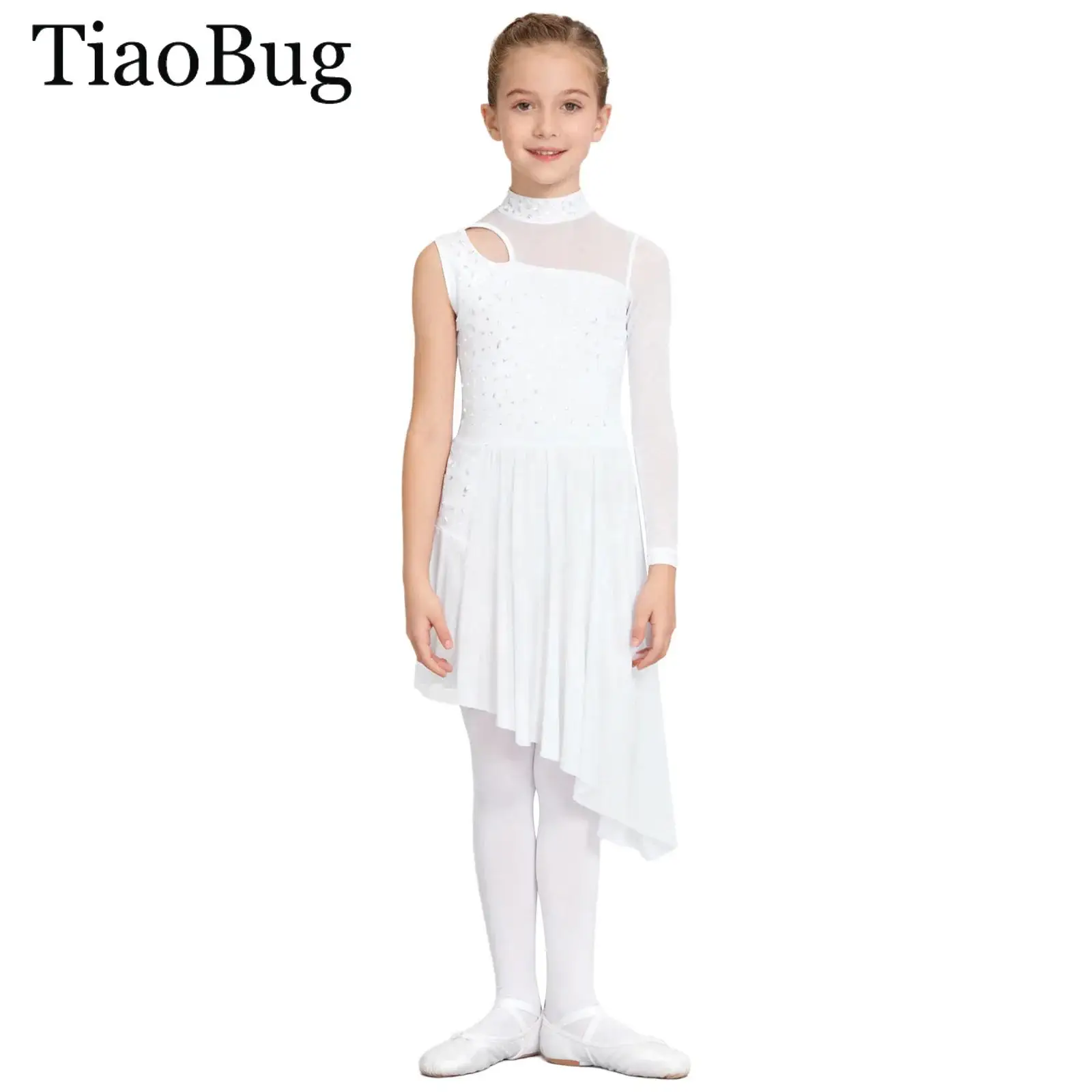 

Kid Girls Ballet Lyrical Dance Dress Asymmetrical Side Split Sheer Mesh Rhinestone Gymnastics Skating Contemporary Dance Costume