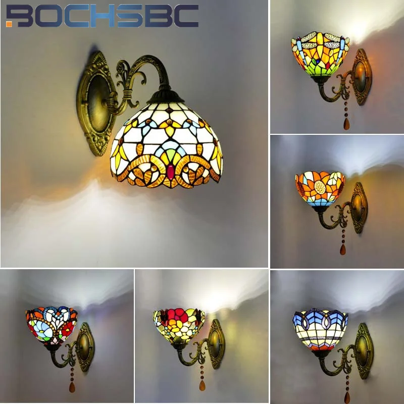 

BOCHSBC Tiffany style retro crystal stained glass 8 inch wall lamp for living room bedroom bed cafe study sconce light LED decor