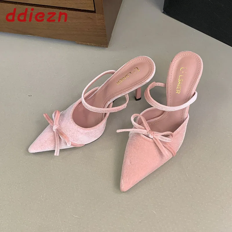 

Pink Fashion Silk Women Thin Heels Pumps Slides Mules Butterfly-Knot Female Slip On Footwear Pointed Toe Ladies High Heels Shoes