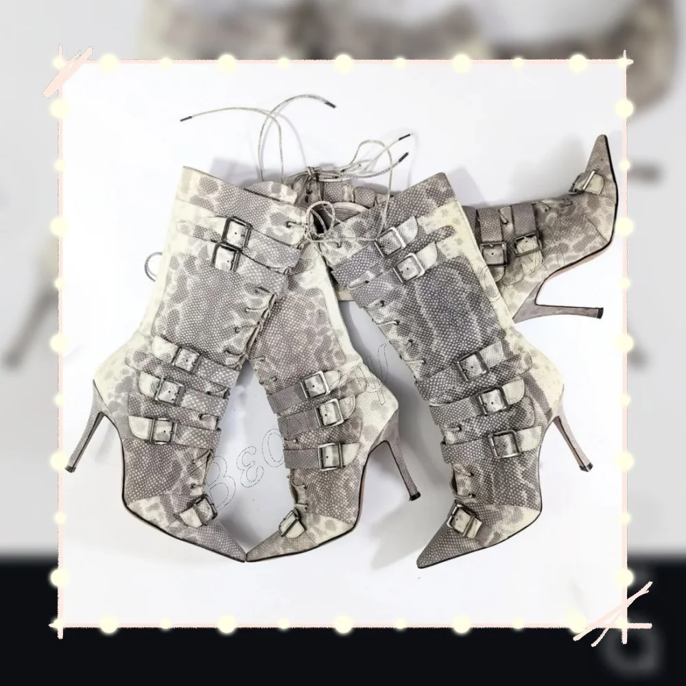 

Black White Snakeskin Boots Slip on 12 cm Side Buckle Heels Patchwork Women Cover Heel Shoes for Women 2025 Zapatos Para Mujere