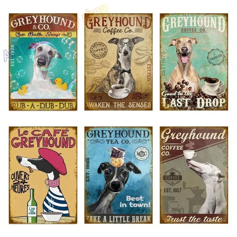 Italian Greyhound Dog Pet Coffee Bar Dog Coffee House Vintage Plaque Poster Sign Wall Decor Hanging Metal Decoration 8x12in