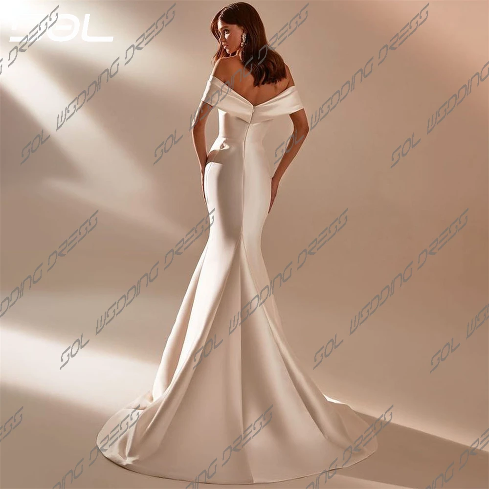 Sol einfach von der Schulter kreuz und quer Satin Brautkleid elegante Back-up Meerjungfrau Sweep Zug Brautkleid Robe de Mariee