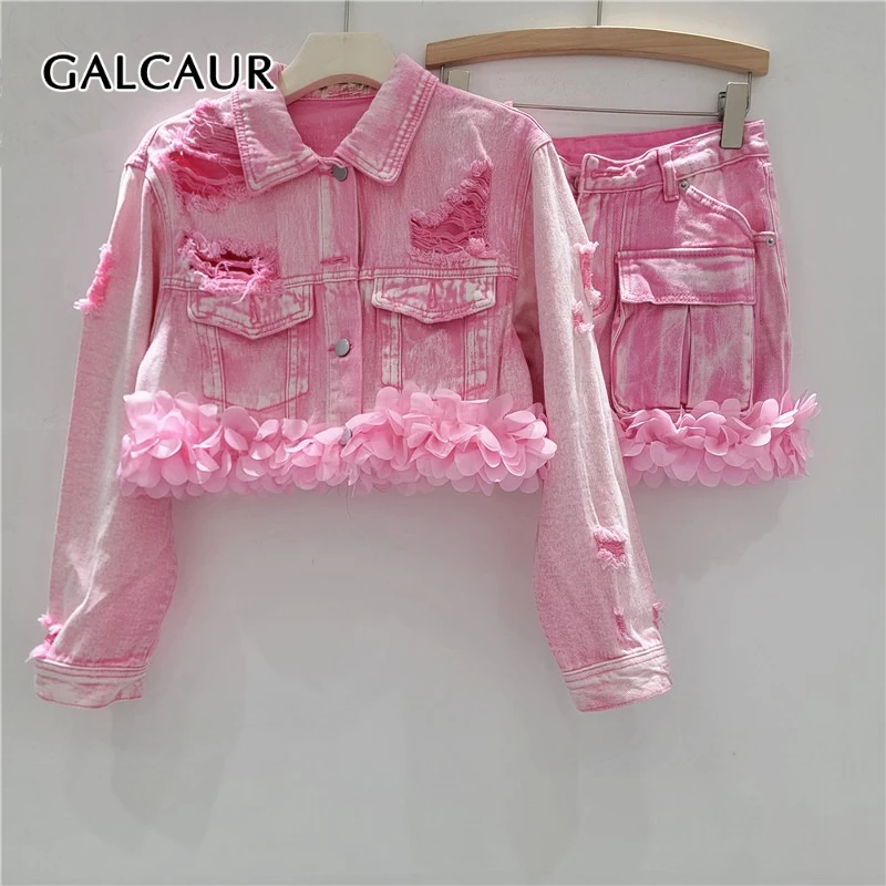 

GALCAUR Pink Cowboy Spliced Pocket Two Piece Sets for Women Lapel Long Sleeves Patchwork Hole Short Jacket Mini Skirt Set Female