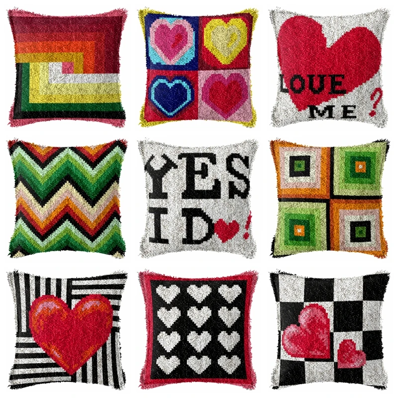 Retro Geometric Latch Hook Cushion Kits Pillow Case Crochet Crafts Yarn For Love & Heart  Embroidery Cushion Sofa Bed Cover