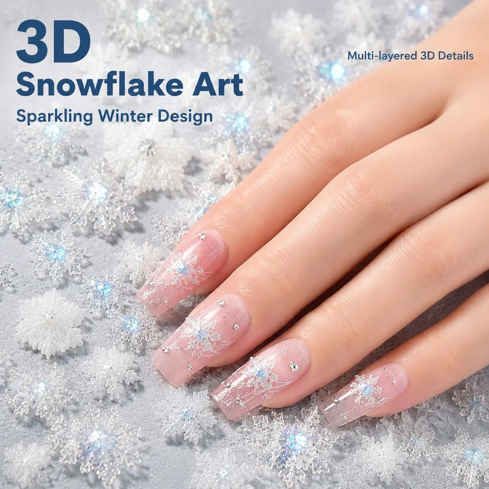 50Pcs Multi‑Size 3D Snowflake Nail Charms Resin Xmas Ornaments White Blue Silver For Beginner DIY Christmas Nail Art Creation