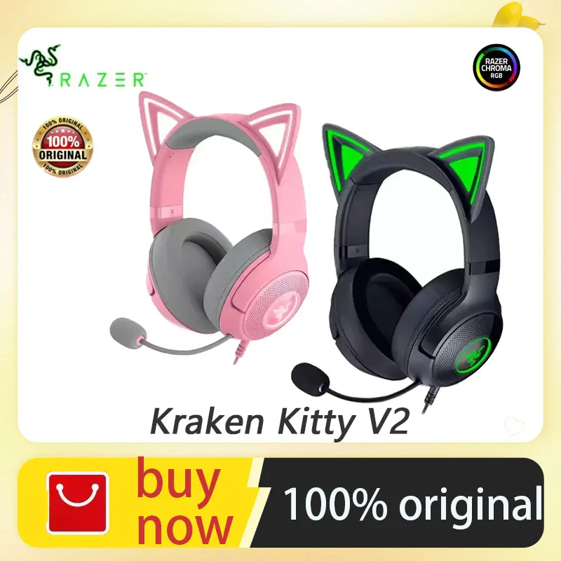 

Razer Kraken Kitty V2 USB Wired RGB Headset Chroma Kitty Ears Stream Reactive LightingHyperClear Cardioid Mic 7.1 Surround Sound