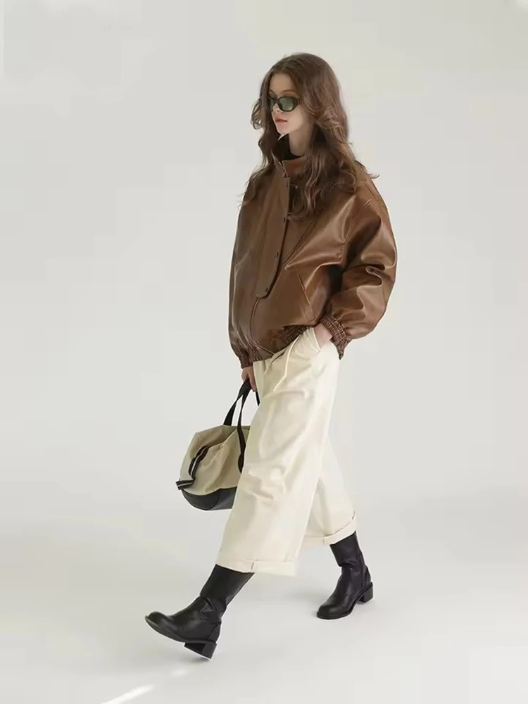 Mauroicardi primavera otoño de gran tamaño desgastado lavado marrón chaqueta de cuero de imitación mujeres con cremallera suelta Casual ropa Retro americana