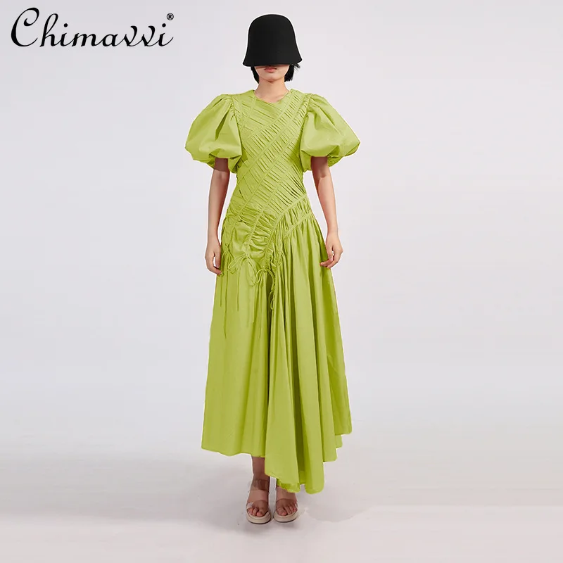 

French Vacation Style Elegant Solid Color Long Dresses Round Neck Puff Sleeve High Waist Lace-up Drawstring Evening Dress Women