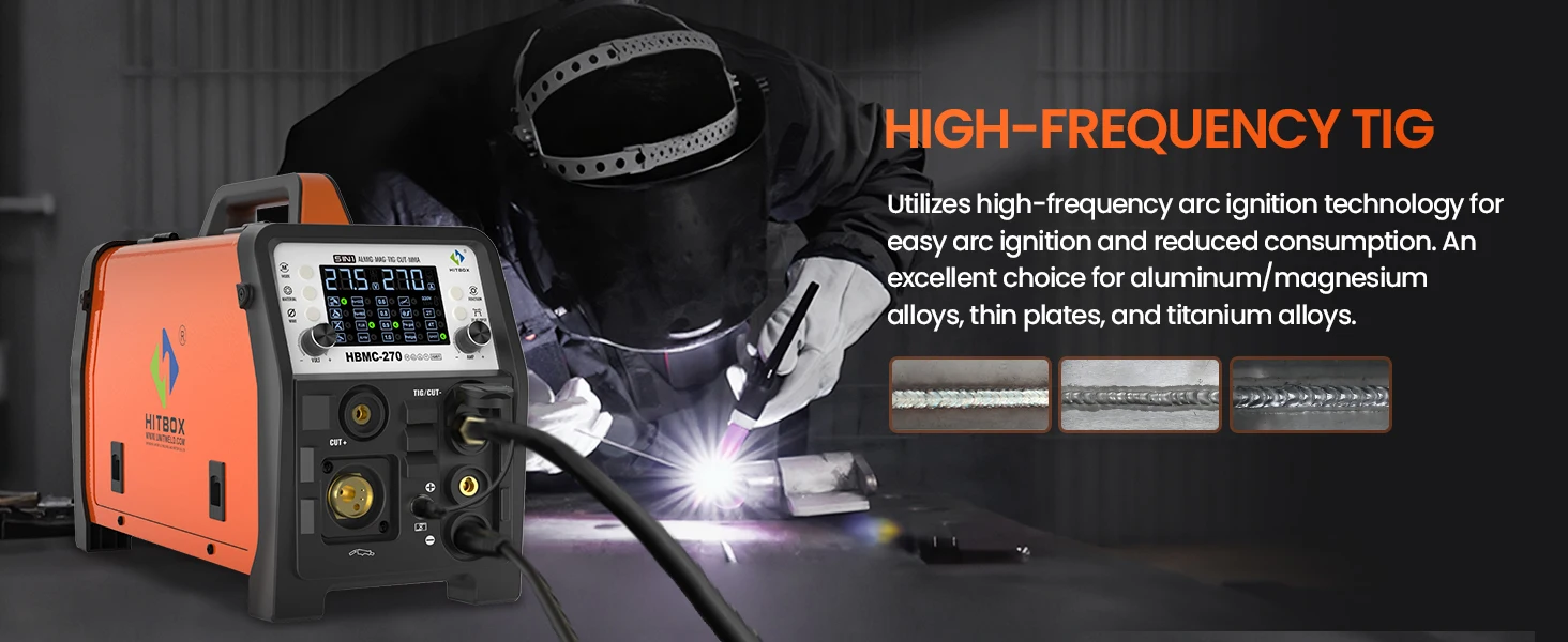 HITBOX HBMC270 MIG-Schweißgerät 220V 6-in-1 Multiprozess-Schweißgerät Aluminium MIG Gas Gaslos MMA HF TIG Punktschweißen Plasmaschneider 2T 4T Funktion Tragbares Inverter-Schweißgerät – Detail 13