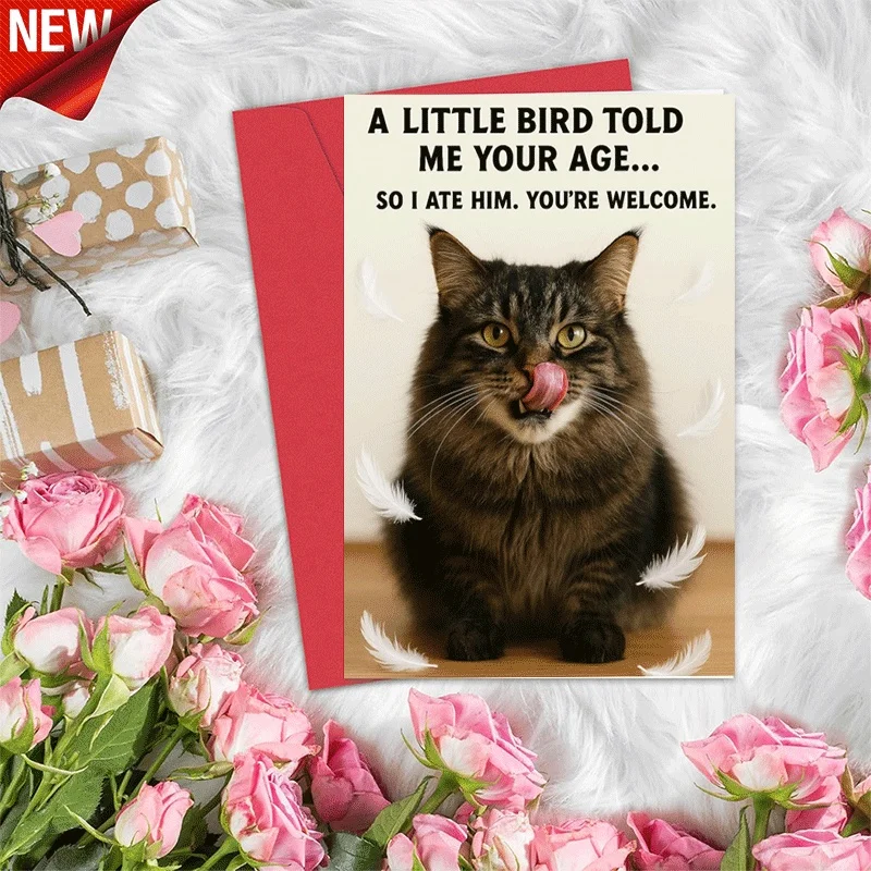 

Funny Birthday Greeting Card, Cat Ate the Bird Theme, Humorous Age Secret Card for Friends Family