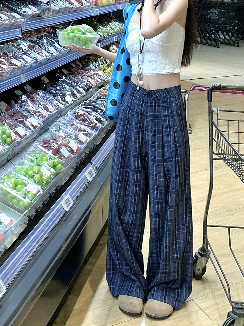 المرأة الصيف الخريف عالية الخصر واسعة الساق منقوشة السراويل سيدة الشارع الشهير كامل طول فضفاض مستقيم السراويل الطويلة