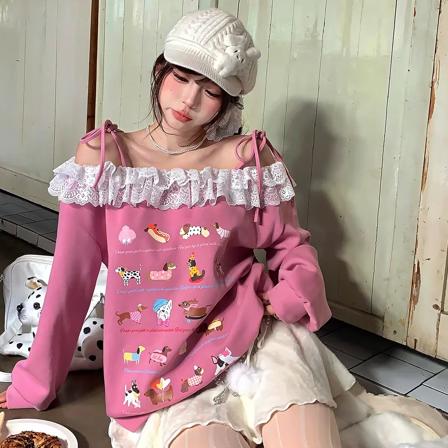 Loose Slanted Shoulder Sweet Sweatshirt American New Sweet Cool 2025 Spring New Niche Tops Are Slim Versatile