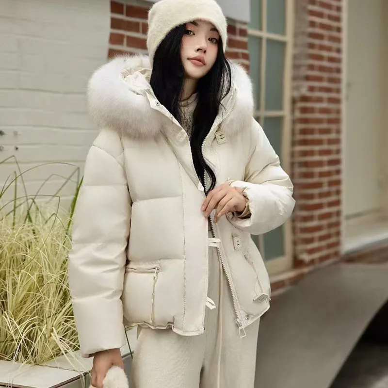 Thickening Top 2024 Winter Fox Big Fur Collar Down Jacket Women High Quality White Duck Down Warm Hooded Women\'s Down Jacket H93