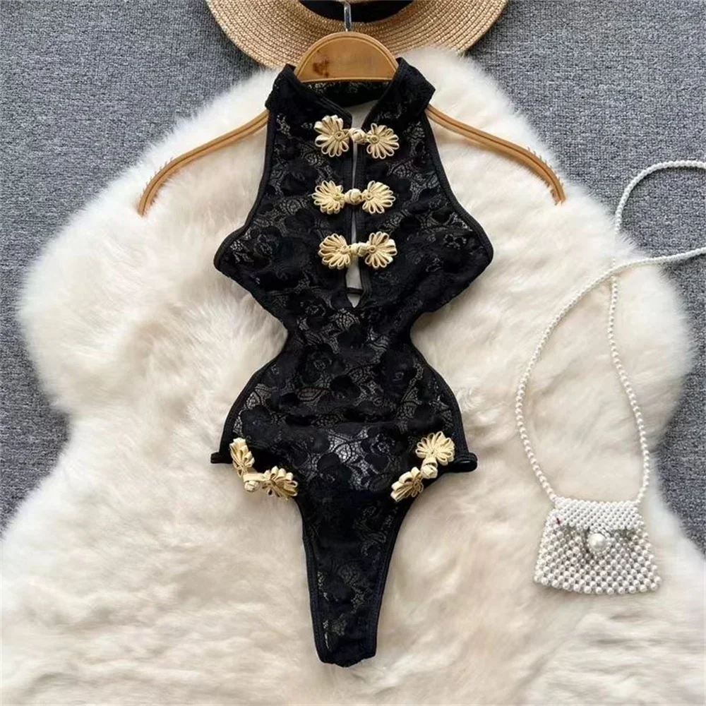 

Spring Summer Sexy Lace Mesh Classical Metal Buckle With Hairball Jumpsuit Single-Breasted Eastern Style Stand Collar Bodysuit