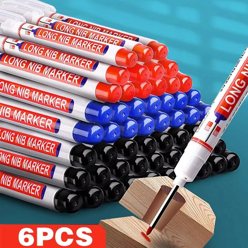 6Pcs 20mm Deep Hole Long Nib Head Markers For Metal Perforating Pen Waterproof Bathroom Woodworking Decoration Multi Purpose