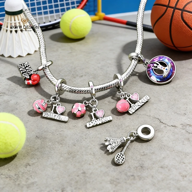 925Sterling Silver Sport Charm Basketball Football Badminton Boxing Bead Pendant Fit DIY Bracelet Jewelry Making for Women Gift view 2