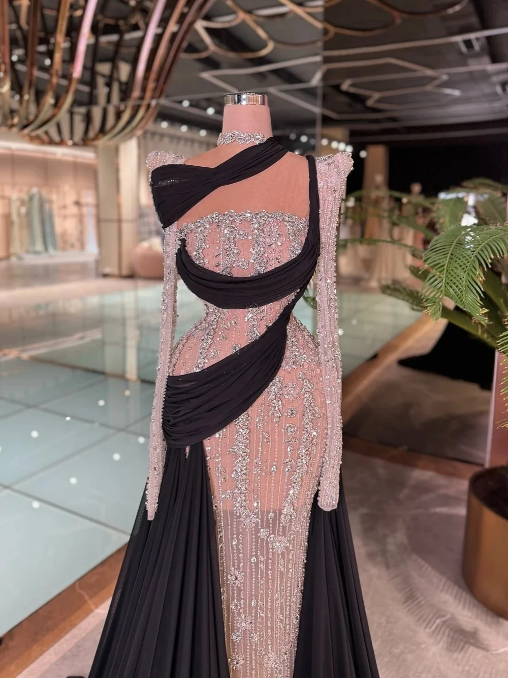 Exquisite High Neck Prom Dress Crystal Beading Evening Dresses See Through Long Sleeves Mermaid Party Gowns Vestidos De Noche