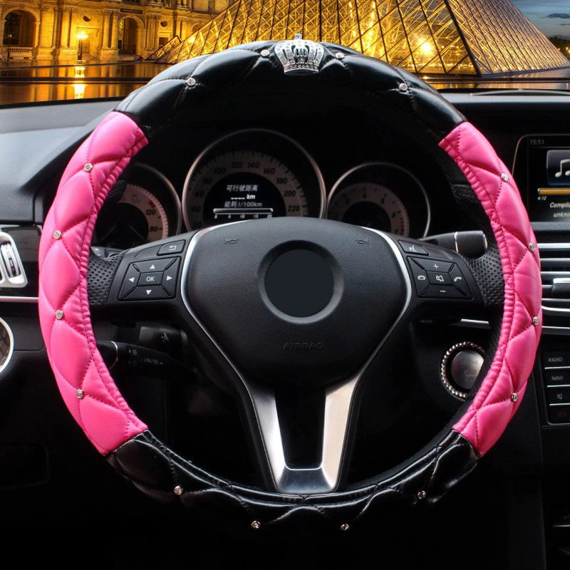 Crystal Car Steering Wheel Cover Crown PU Leather Protective Cover Anti-slip Wear-resistant Car Decor Car Accessories for Women