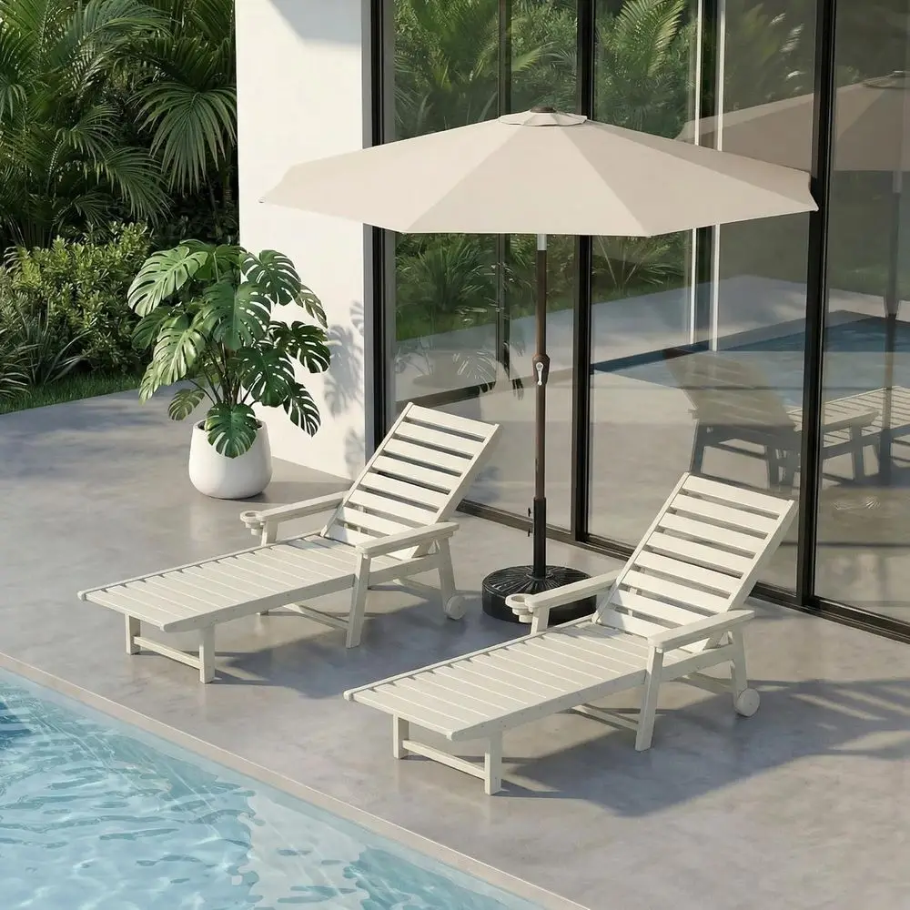 

2-Piece Outdoor Lounge Chair Set with Umbrella, HDPE Material, Cup Holders, Wheels, Ideal for Poolside, Beach, Deck, White