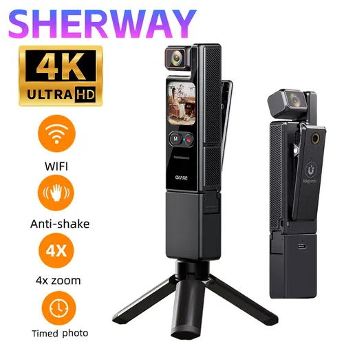 Imagen 1 del producto Cámara de acción de bolsillo 4K, Zoom 4x, pantalla táctil, cámara Digital antivibración para Vlogging, grabadora de vídeo portátil HD deportiva DV