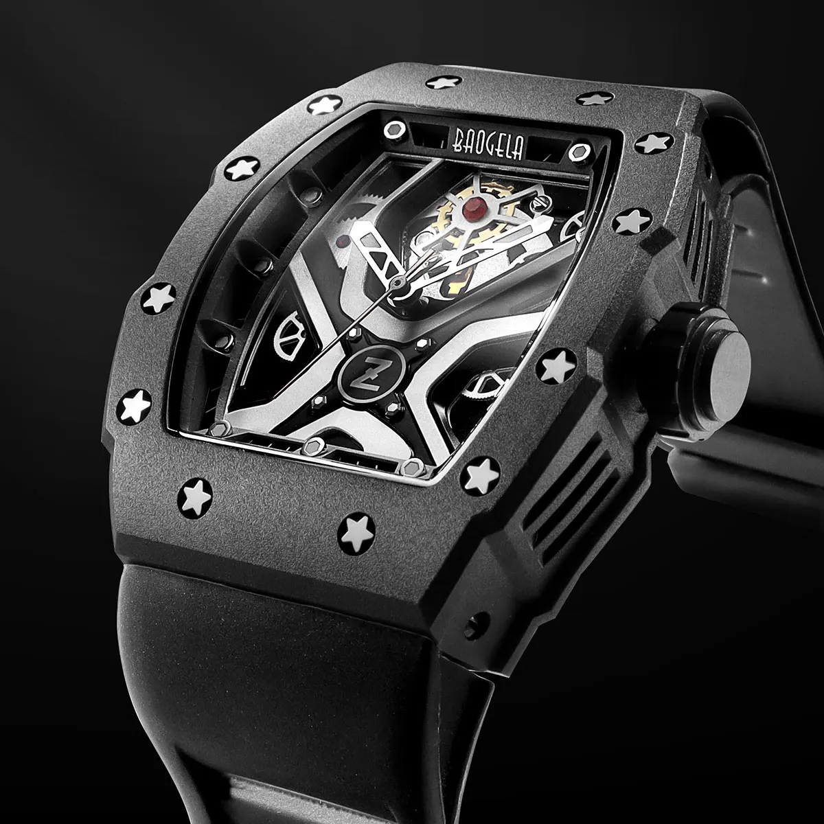 

Повседневные спортивные мужские кварцевые часы с корпусом из нержавеющей стали в форме бочки, скелетон и светящийся дизайн, наручные часы с силиконовым ремешком, мужские