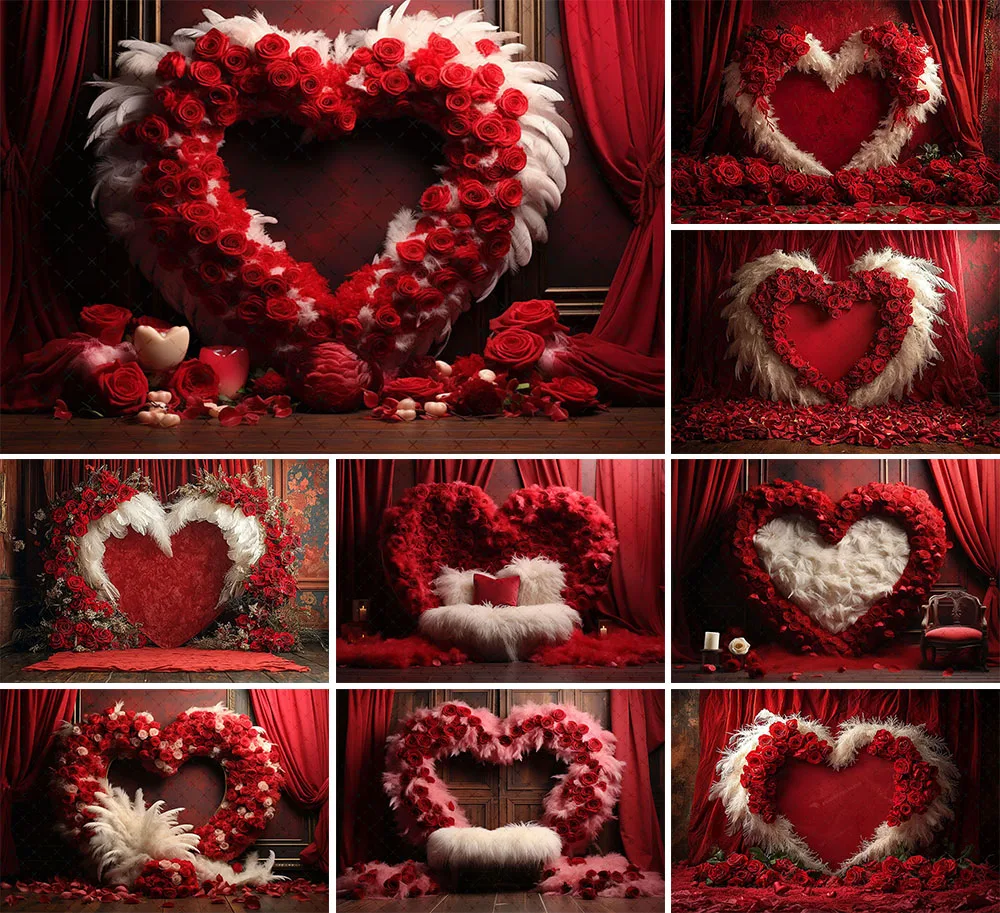 Mehofond Photography Background Valentine's Day Red Floral Love Heart Feather Kids Birthday Portrait Decor Backdrop Photo Studio