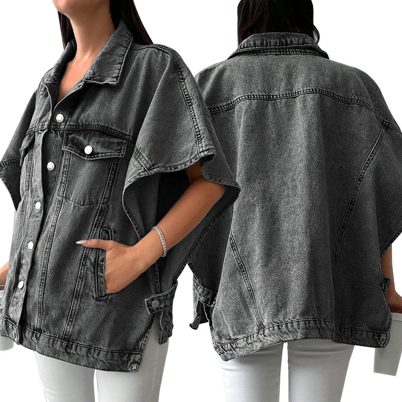 

218719 Женская модная джинсовая маленькая куртка больших размеров с заниженными плечами и рукавами