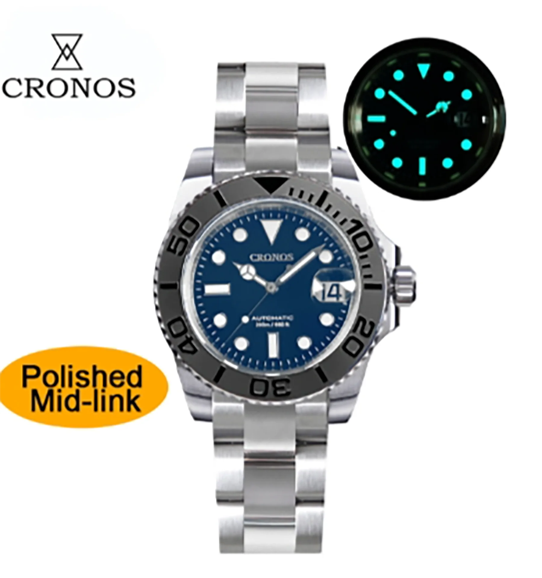 

Cronos Sub Diver Man Watch Bidirectional Bezel 40mm 20ATM Water Resistant Brushed and Polish Mid-links Bracelet Men's Watches