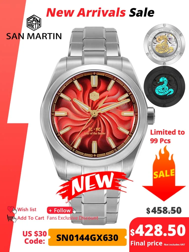 

San Martin 2025 Guilloche Dial Snake Year Limited 39mm Miyota 90S5 Clear Caseback Men Automatic Mechanical Watch Luminous SN0144