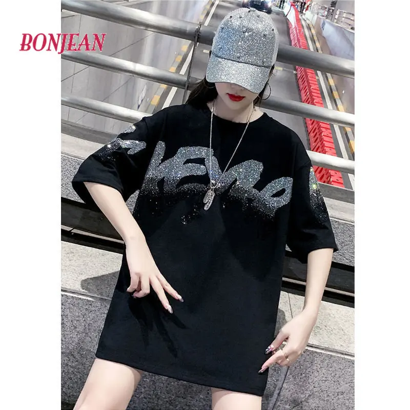 Imagem -06 - Camiseta de Contas de Grandes Dimensões Feminina Top Médio e Longo Estilo Ocidental Harajuku Y2k Estilo Coreano Solta Verão Nova 2024