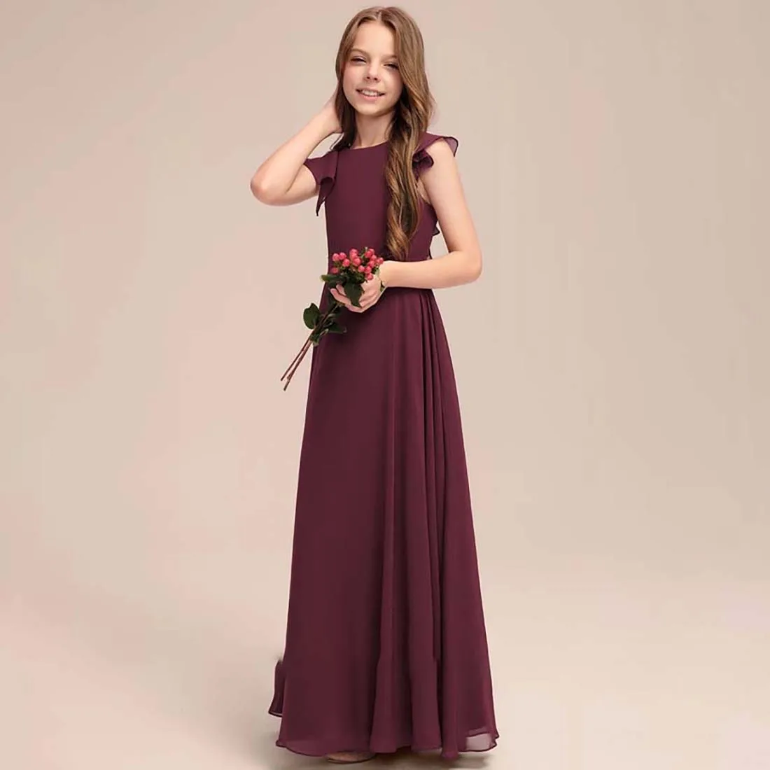 YZYmanualroom Chiffon Junior Bridesmaid Dress With Cascading Ruffles A-line Scoop Floor-Length 2-15T