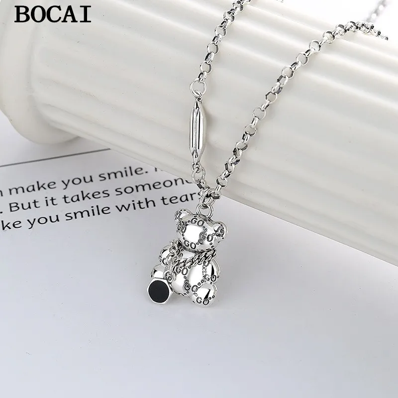 

BOCAI S925 Sterling Silver Vintage Hip-hop Teddy Bear With Necklace Necklace Pendant