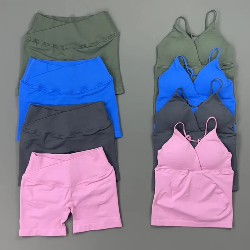 2 Pieces Gym Set Women Sports Bra Cross Waist Workout Shorts Seamless Soft Butt Shaping Clothes Gym Running Yoga Training Outfit
