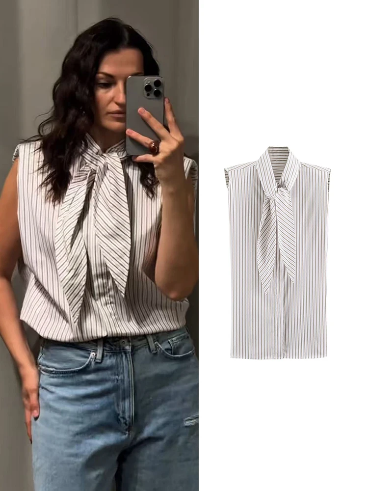 Sommer-Damenbluse, ärmellos, eingesteckt, gestreift, mit Schulterpolstern, lässiger Pendlerstil, High-Street-Mode, Freizeitbluse für Damen