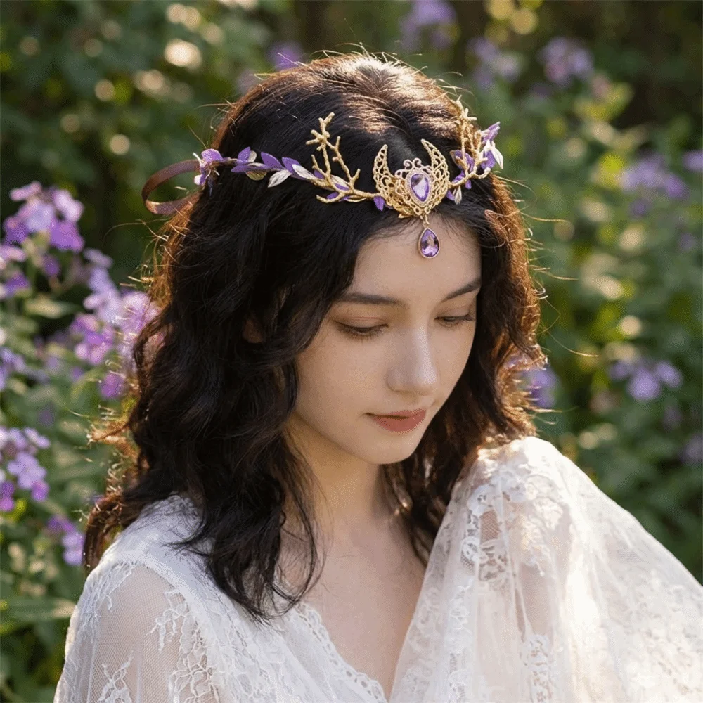 Photoshoot Vine Elven Crown Fantasy Diadem Elf Tiara Simulate Tree Leaves Rhinestone Decorated Fairy Headpiece Forest Wedding