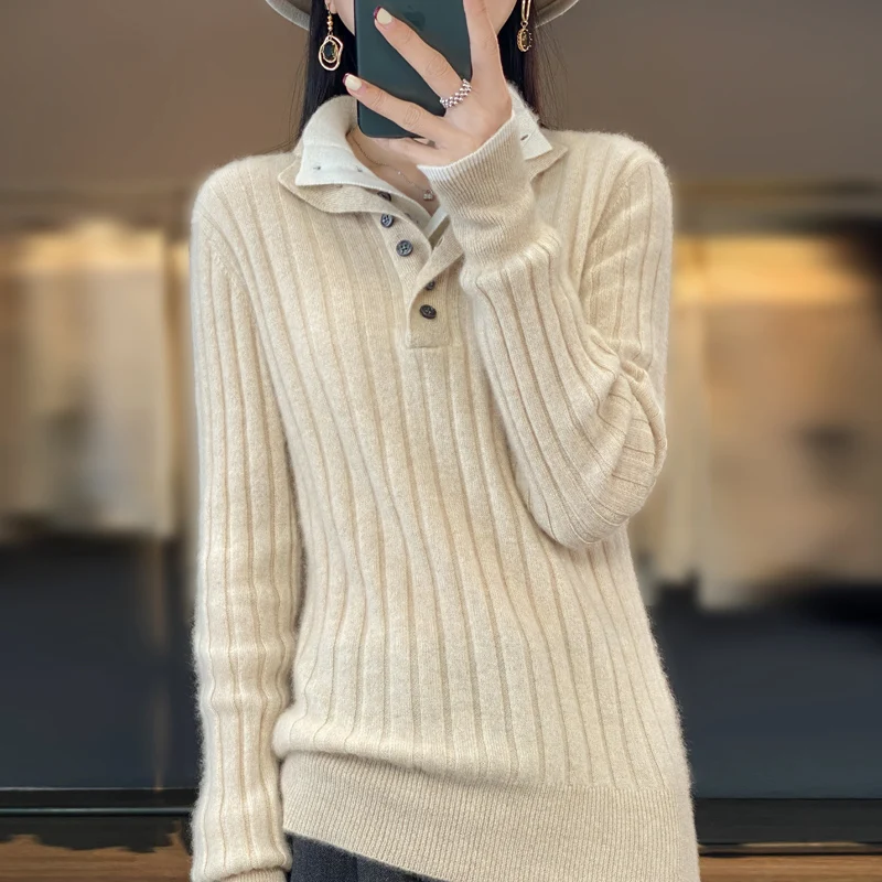 High Quality Women 100% Merino Wool Sweater Autumn Winter Casual Shirt Collar Pullover Thickened Warm Cashmere Knitwear Top