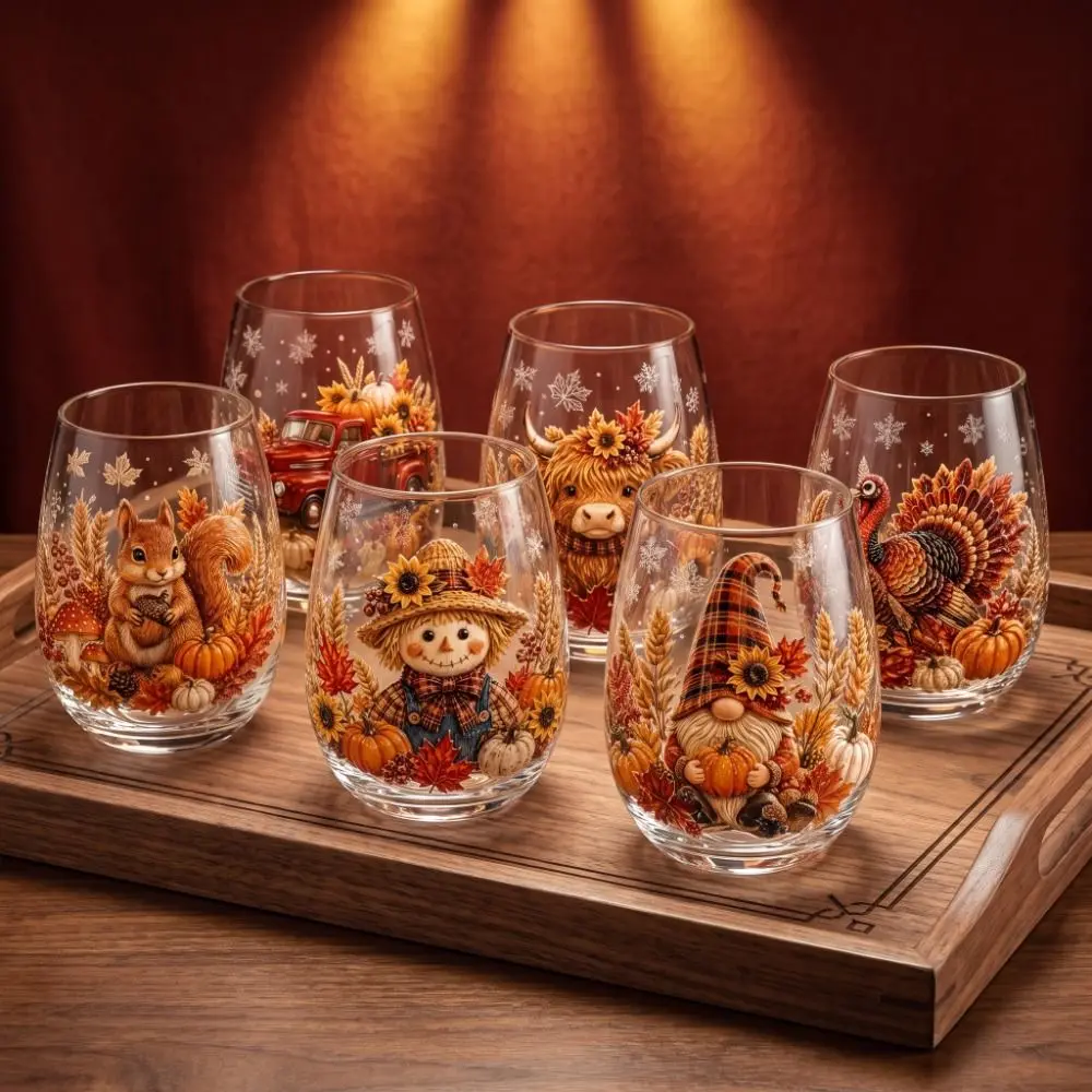 2D Print Christmas Wine Glass Snowflake Elf Clear Stemless Glass Autumn Leaf Animal Christmas Art Cup Holiday Gifts