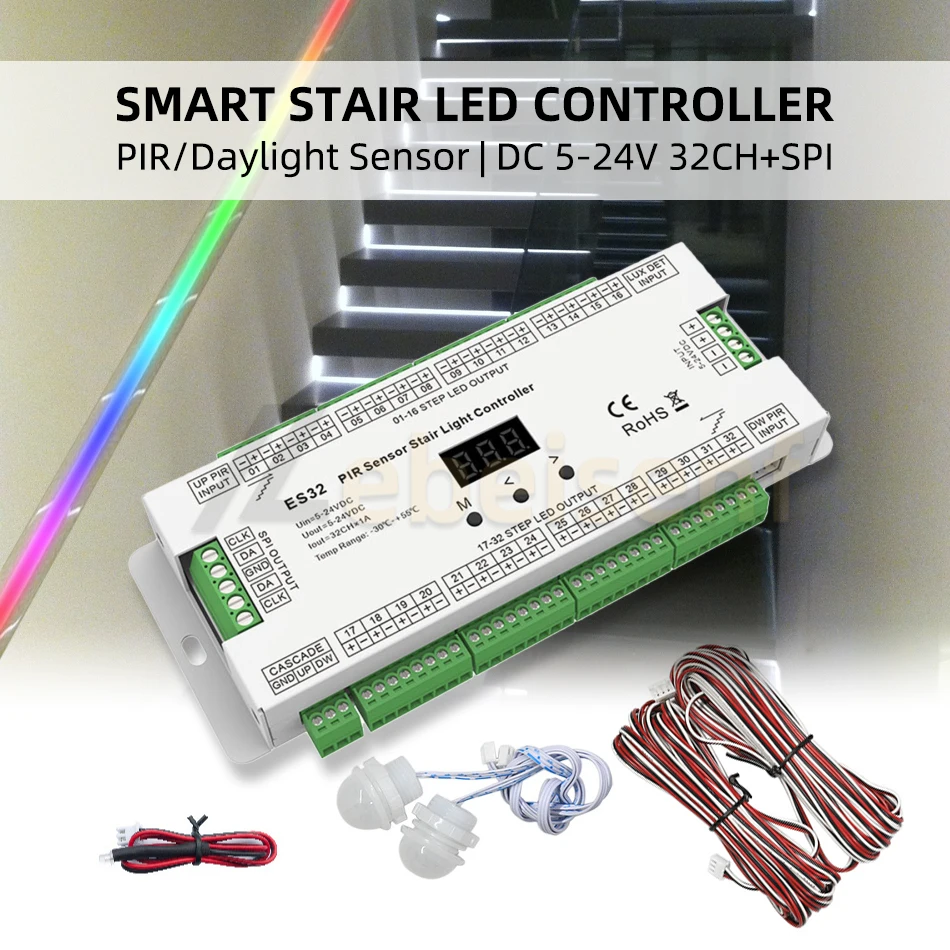 

ES32 PIR Motion Sensor Stair Light Controller DC 5V 12V 24V 32CH * 1A Single Color 2*SPI RGB Pixel Magic Color Step Light Dimmer