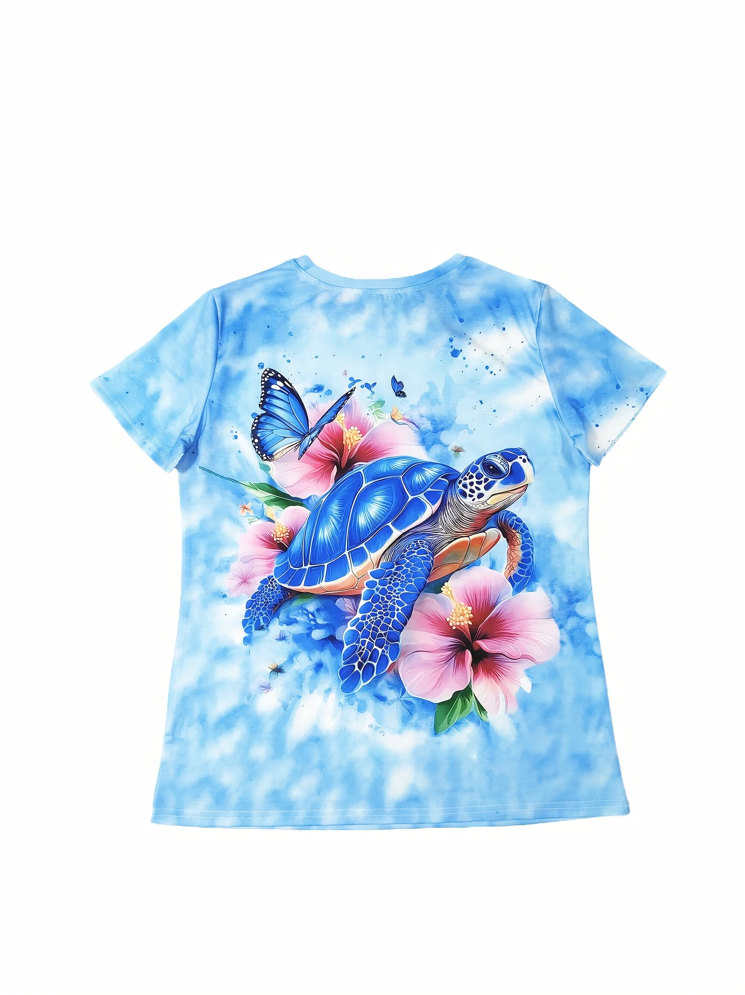 Light Blue Women's Tee - Blue Turtle & Hibiscus Graphic, Tropical Beach Print Design for Casual Daily Wear view 2